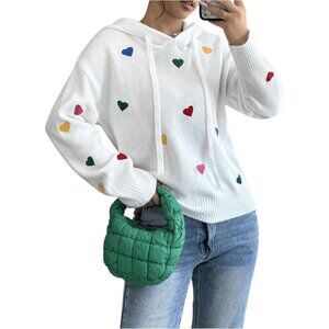 Women's Heart Pattern Hooded Sweater Knit Top Large Casual Long Sleeve